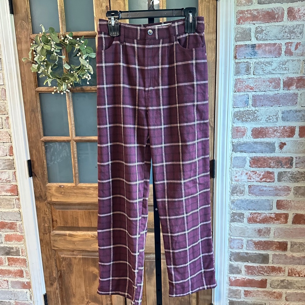 Hollister Pants Women 5R Burgundy Plaid Ultra High-Rise Straight Leg Flannel